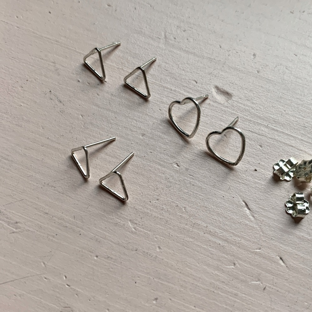 3 pairs of Sterling Silver Triangle and Heart Stud Earrings Set